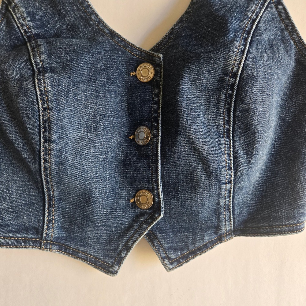 Garage Denim Halter Neck Vest Top Dark Wash Blue Button Front Cropped Small - Picture 2 of 8